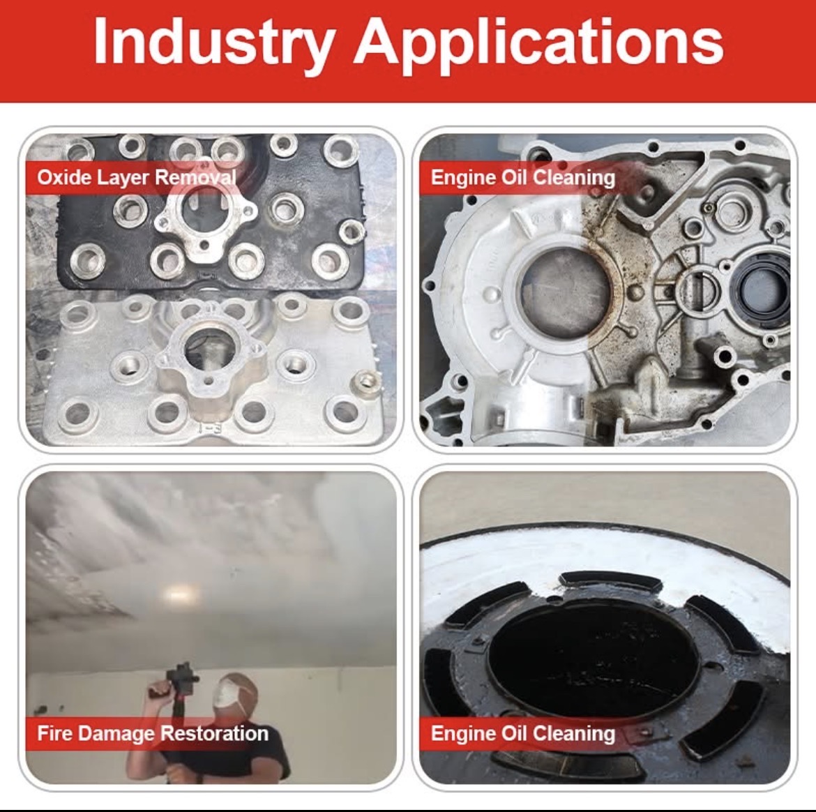 Automotive industry: oxide layer, oil cleaning, fire damage, engine parts